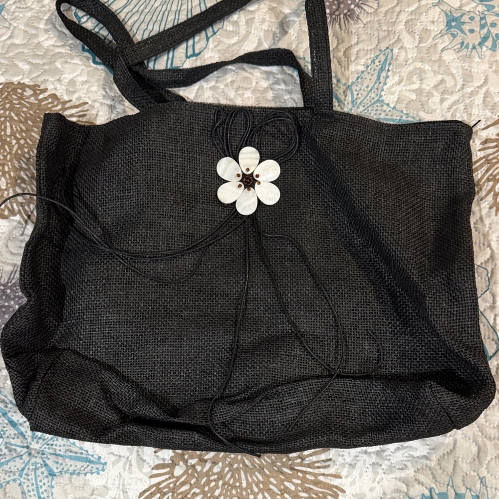 Chic Black Tote Bag with Floral Detail